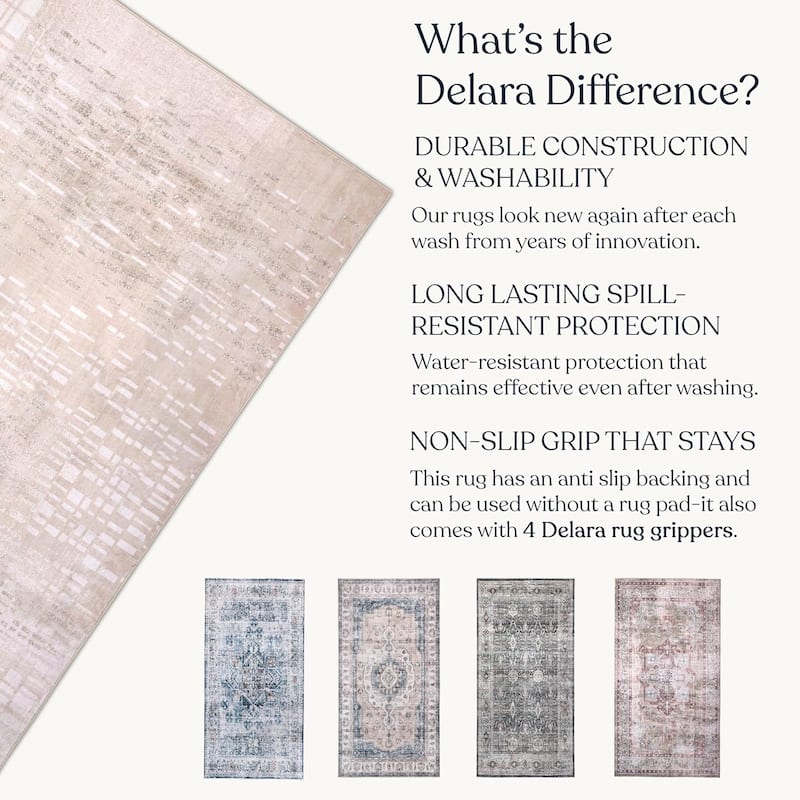 Delara Machine Washable Area Rug, Soft & Durable, Non-Slip Backing, Eco- Friendly GRS certified.
