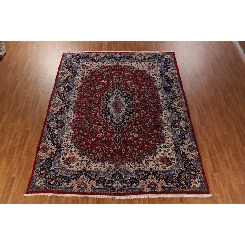 Hand Knotted Oriental 100% Wool Carpet Traditional Floral Red Mashad Area Rug - 12' 11'' X 10' 1''