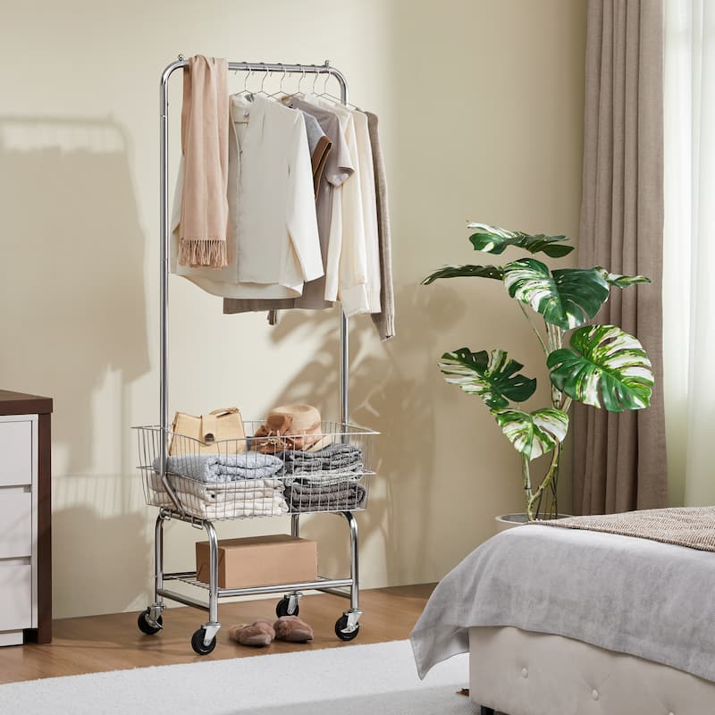 Yaheetech Commercial Laundry Cart Laundry Butler with Wheels and Bottom Shelf for Bathroom - Silver