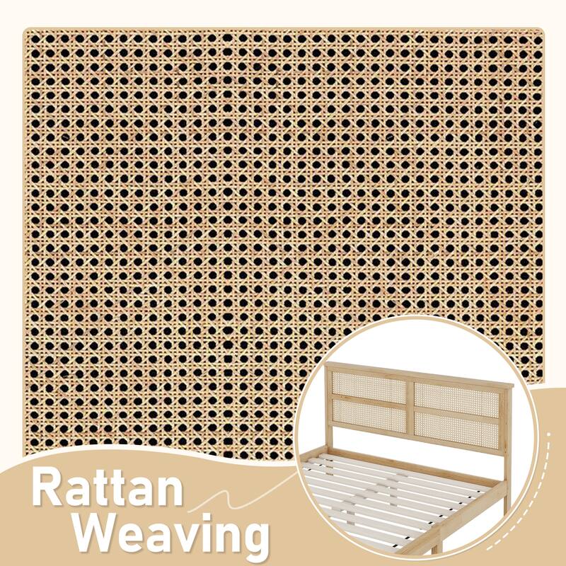Modern Style Queen Size Rubber Wooden Bed with Rattan Headboard for Bedroom