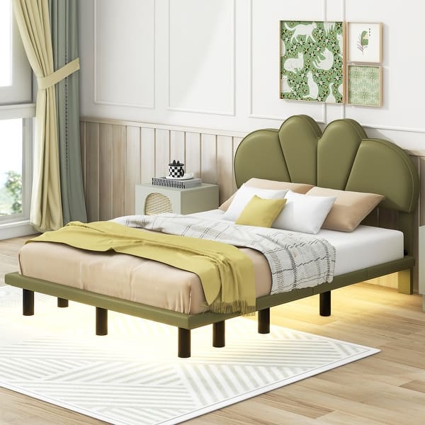 slide 2 of 46, LED Low Profile Bed Platform Bed Frame with Cloud-Shaped Headboard Green - Full