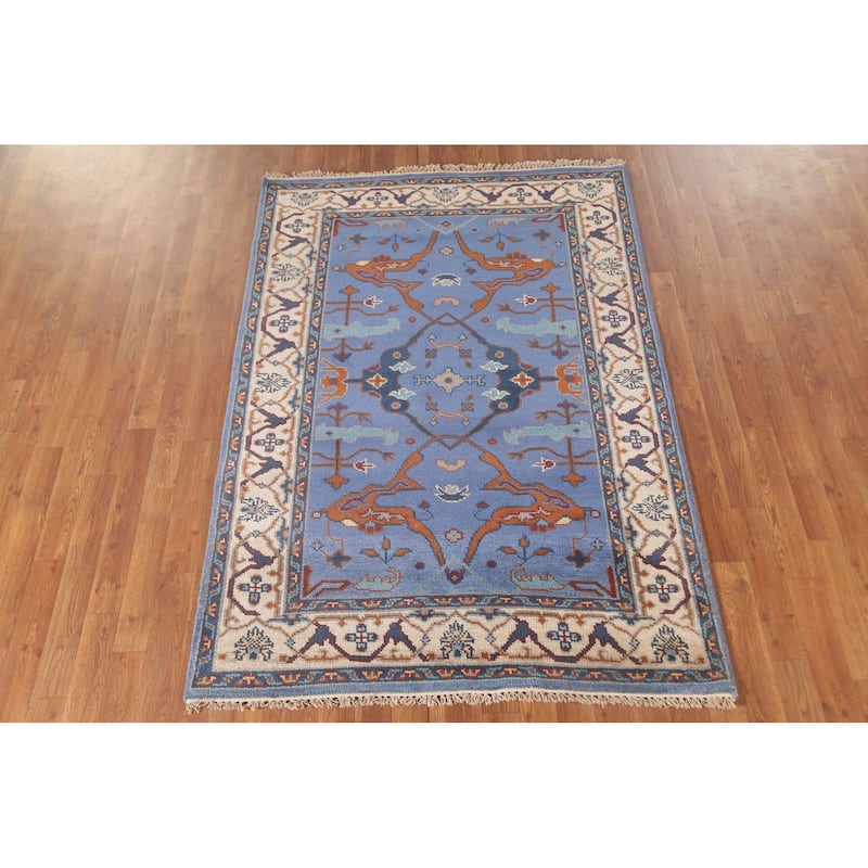 Floral Blue Oushak Oriental Area Rug Handmade Geometric Wool Carpet - 4'1"x 5'11"