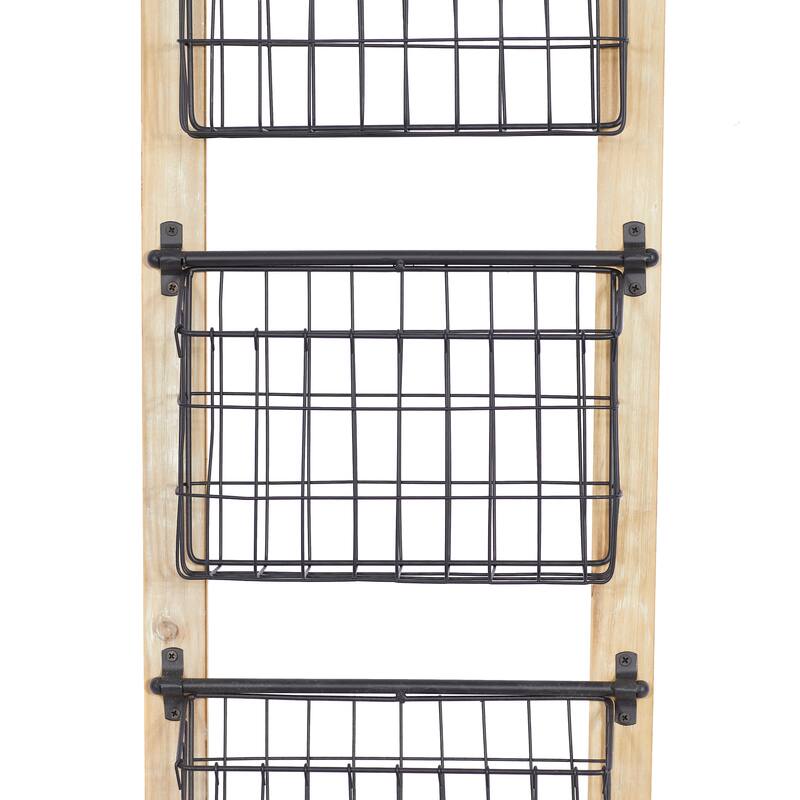 Black Metal 3 or 2 Slot Magazine Rack Holder with Wood Frame and Suspended Wire Baskets
