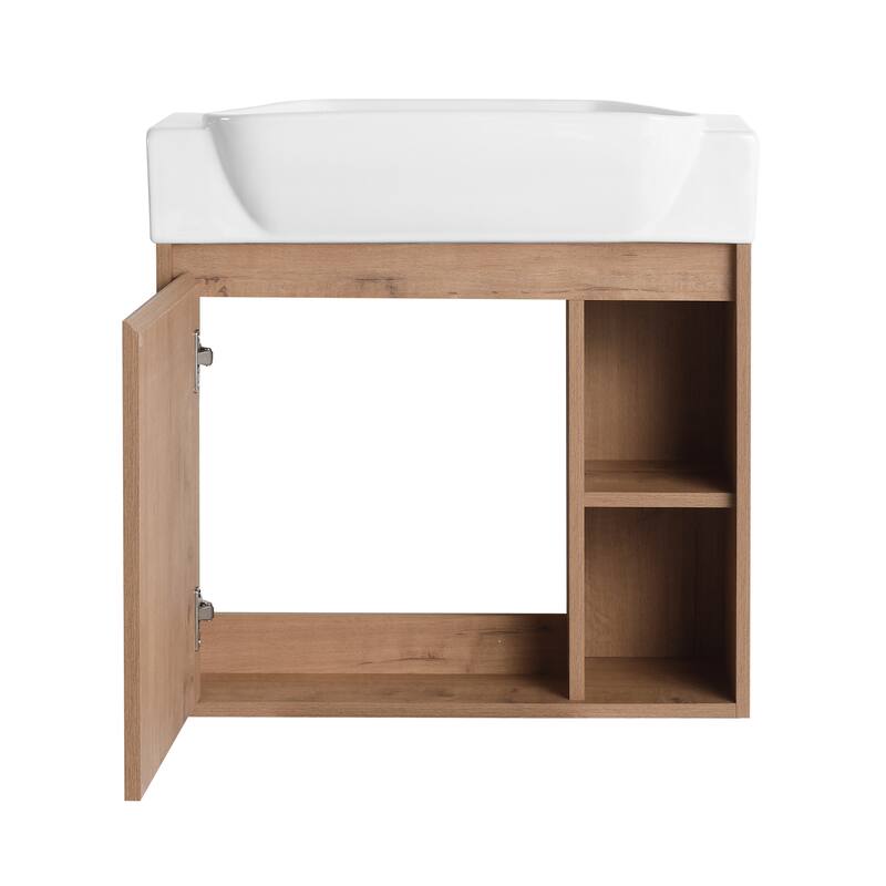 24'' Wall-Mounted Bathroom Vanity with White Ceramic Sink & Soft-Close Door, KD-Packing