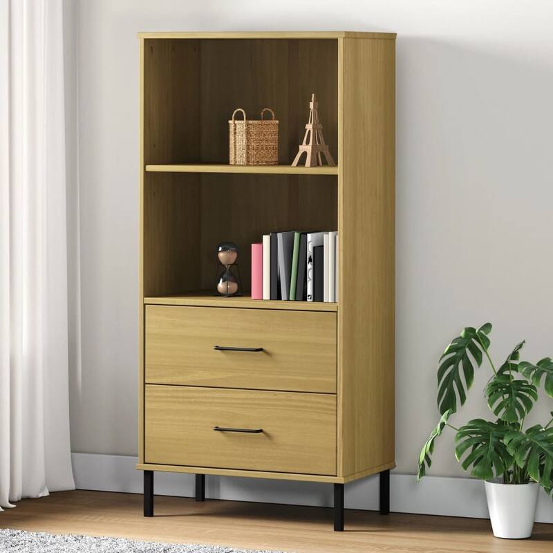 vidaXL Bookshelf Book Cabinet with 2 Drawers Storage Cabinet OSLO Solid Wood - 23.6" x 13.8" x 50.6" - Brown