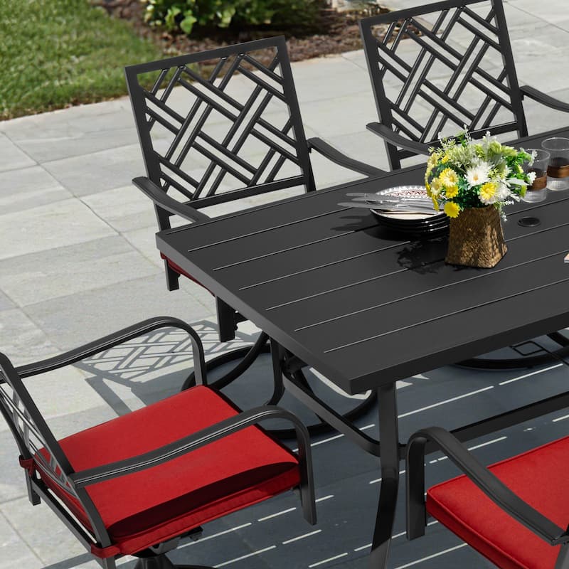 7PCS Metal Patio Dining Set with Umbrella Hole, Swivel Chairs with Cushions