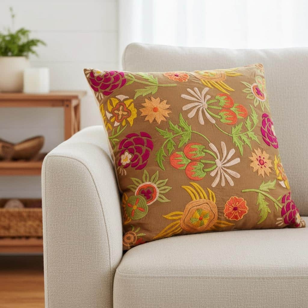 Set of Two 20" Brown Green And Pink Floral Cotton Throw Pillows with Embroidery