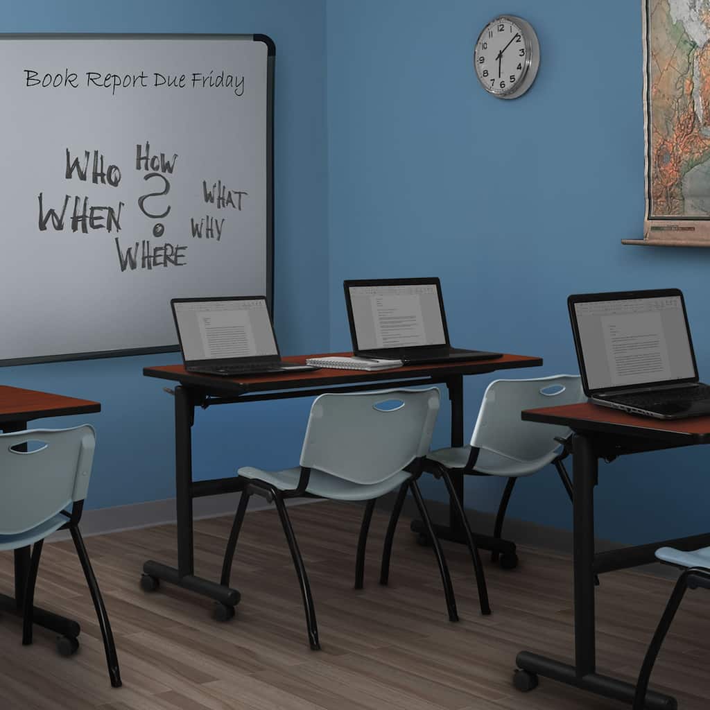 48" Flip Top Mobile Training Table- Cherry & 2 'M' Stack Chairs- Grey