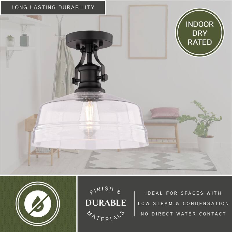 VAXCEL Beloit 1-Light 12 in. Wide Matte Black Farmhouse Dome Semi Flush Mount Lighting Fixture, Clear Seeded Glass Shade