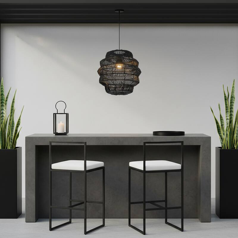 Cana 1-Light Wicker Outdoor Pendant, Coastal Boho Tiered Drum - Handwoven