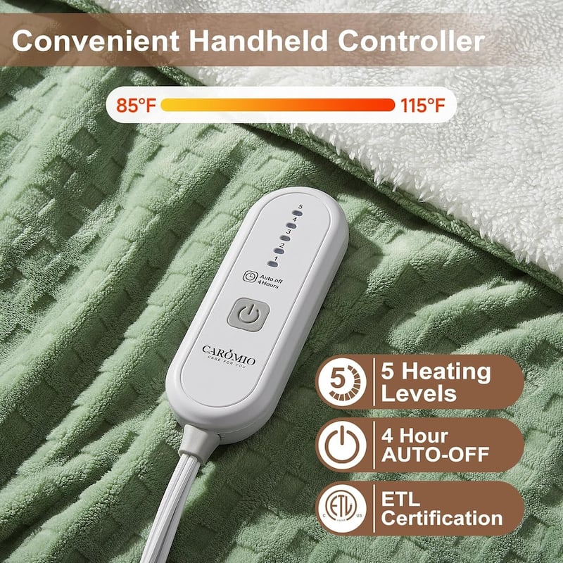 Waffle Soft Flannel & Sherpa Heated Throw Electric Blanket, Greeen