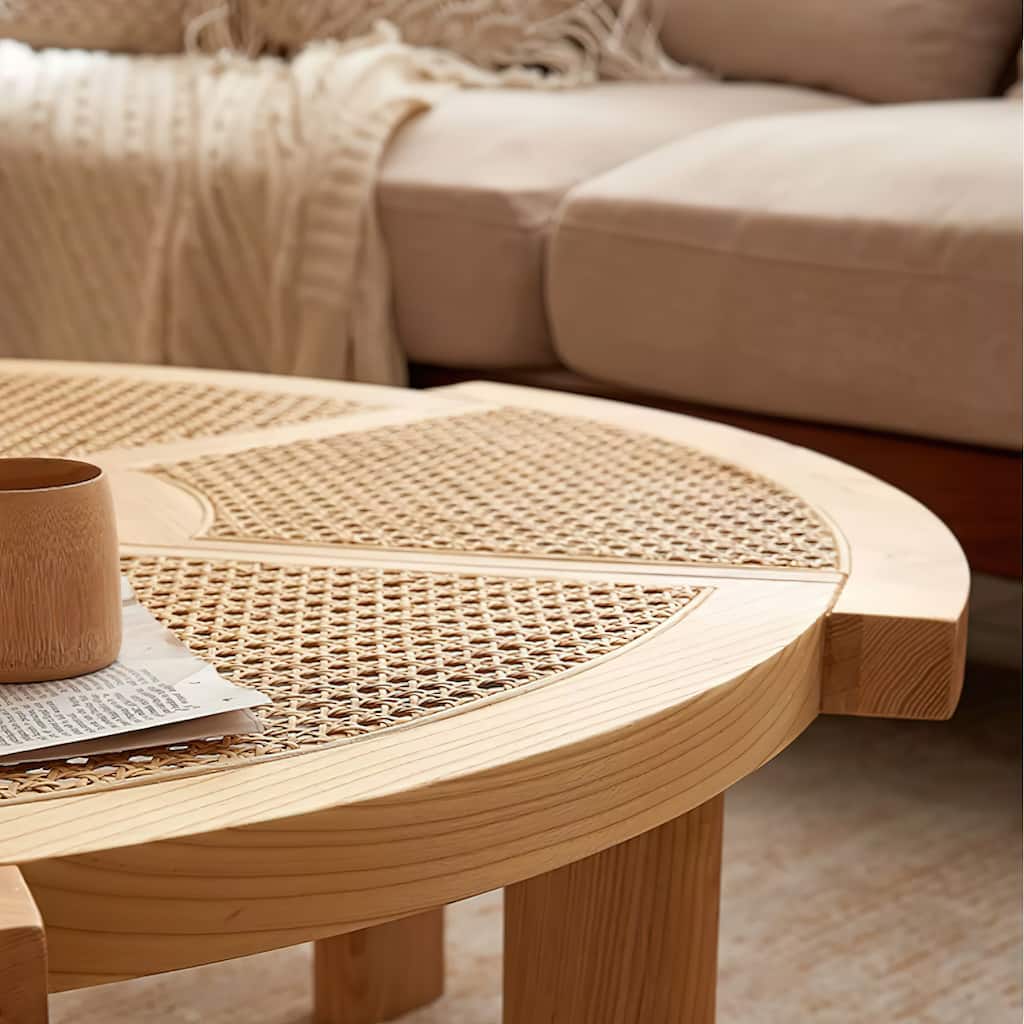 Modern Round Wood Accent Table with Woven Edges - L 39.37'×W 39.37'×H 13.19'