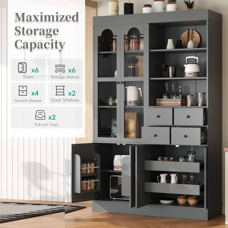Tall Kitchen Pantry Cabinet, 75" Freestanding Buffet with Hutch, 4 Drawers, Door Shelves & Pull-Out Trays, Dining Room Storage
