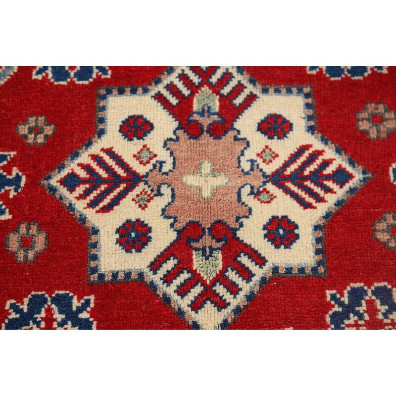 Geometric Red Kazak Accent Rug Handmade Wool Carpet - 3'4" x 5'3"