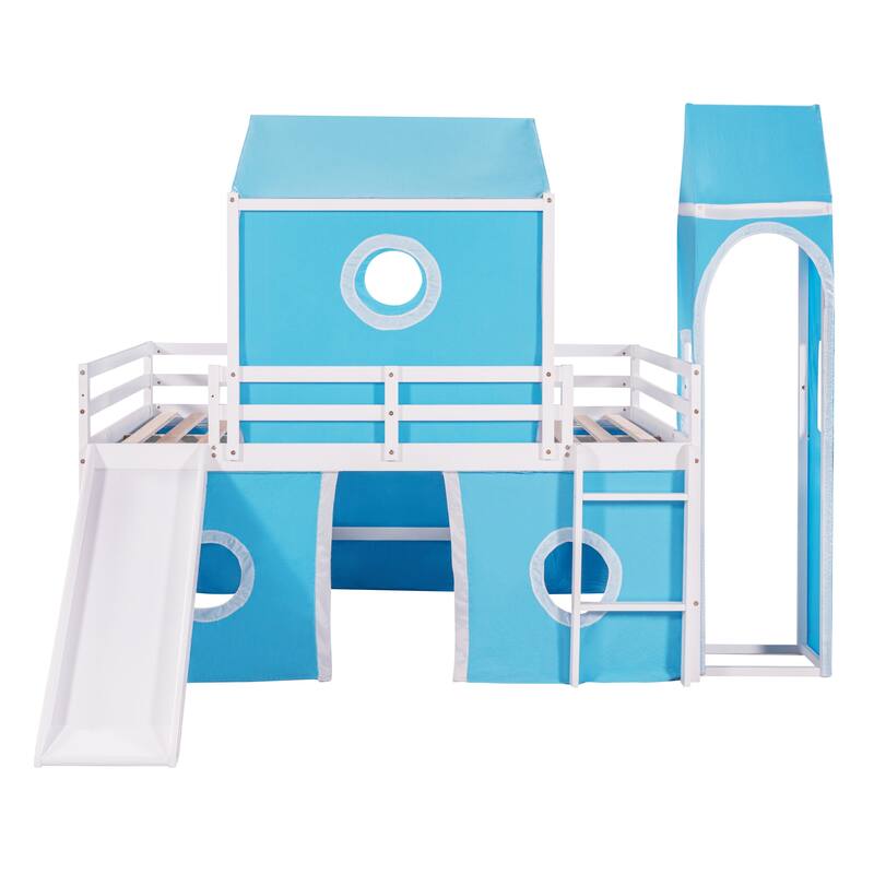Full Size Wood CastleShaped Loft Bed with Slide, Blue Tent and Tower