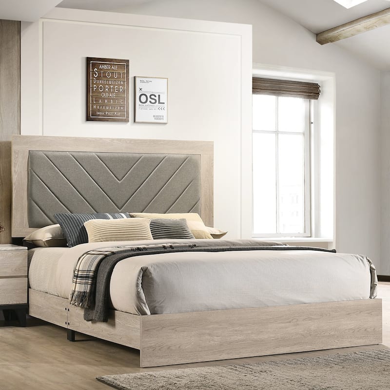 Wooden Eastern King Bed with High Upholstered Headboard