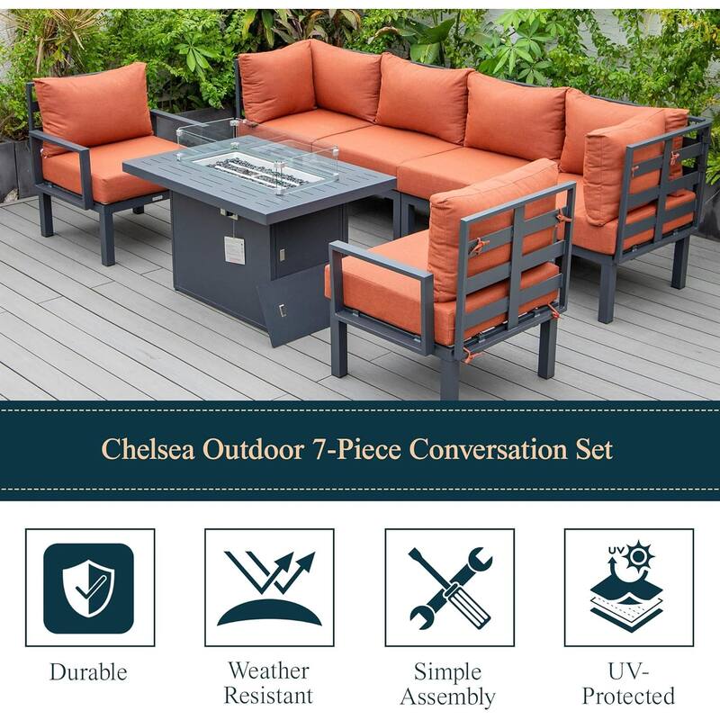 Chelsea 7-Piece Outdoor Patio Sectional Set with Firepit Table in Black Aluminum for Backyard Garden and Patio Deck