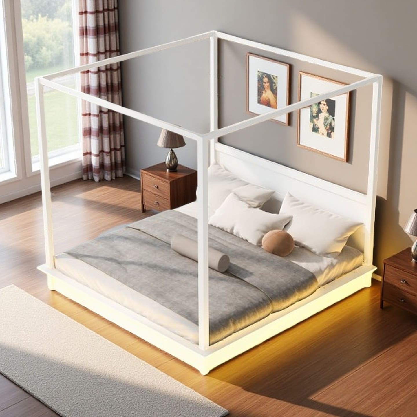 King Size White Wooden Canopy Platform Bed with LED Lighting, Support Slats, Modern Sleek Design, No Box Spring Needed