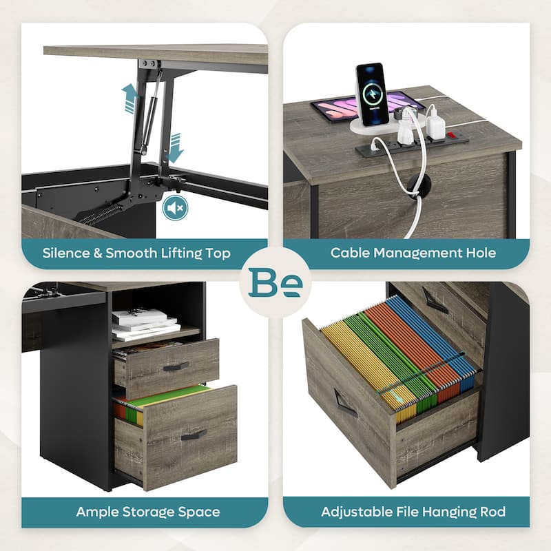 Computer Desk Lift Top Desk with Outlet and Drawers File Cabinet