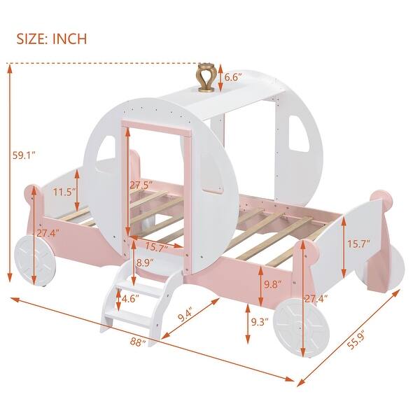 dimension image slide 0 of 2, Twin Size Princess Bed with Crown and Wheel Decoration, Wooden Platform Carriage Bed Frame with Stair for Kids Bedroom