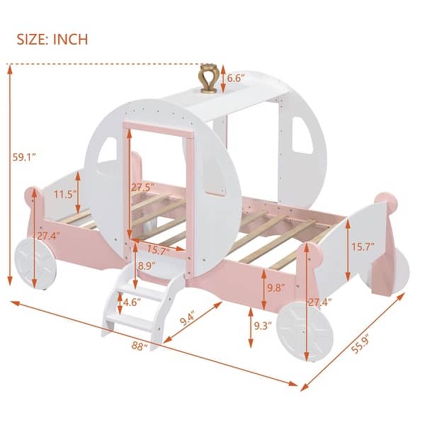 dimension image slide 1 of 2, Twin Size Princess Carriage Bed with Crown, Wood Platform Car Bed with Stair, Purple and Pink