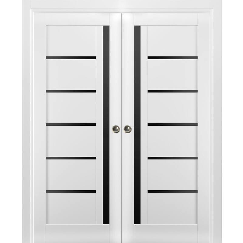 SartoDoors Quadro 4588 | Interior French Doors Double French | Solid Wood w/ Glass | Hardware Set | 36x80, White Silk - White - 48 x 84