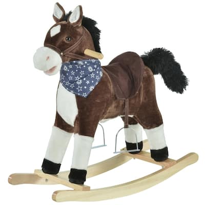 Classic Brown Plush Rocking Horse with Realistic Sounds and Cowboy Design for Kids Ages 3 to 6 Years
