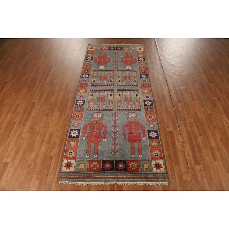 Hand Knotted Oriental 100% Wool Carpet Traditional Tribal Greys & Charcoal Heriz (serapi) Runner Rug - 9' 10'' X 4' 0''