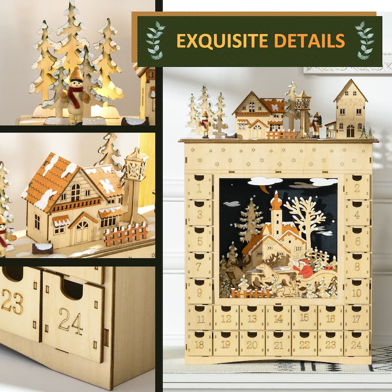 HOMCOM Christmas Advent Calendar, Light Up Wooden Holiday Decoration with 24 Countdown Drawers and LED LightsNatural