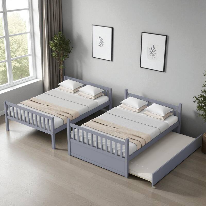 Full Over Full Rubber Wood Bunk Bed with Trundle, Convertible into Two Full Beds, Ladder and Guardrails Included