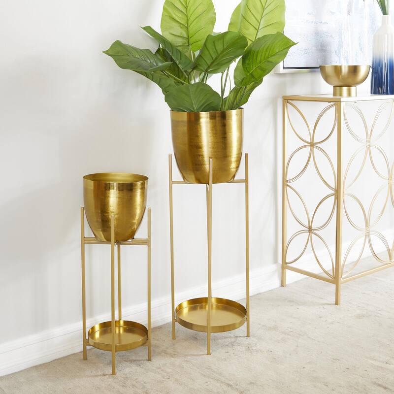 Metal Indoor Outdoor Planter with Removable Stand - Set of 2 Silver, Gold, Black - CosmoLiving by Cosmopolitan