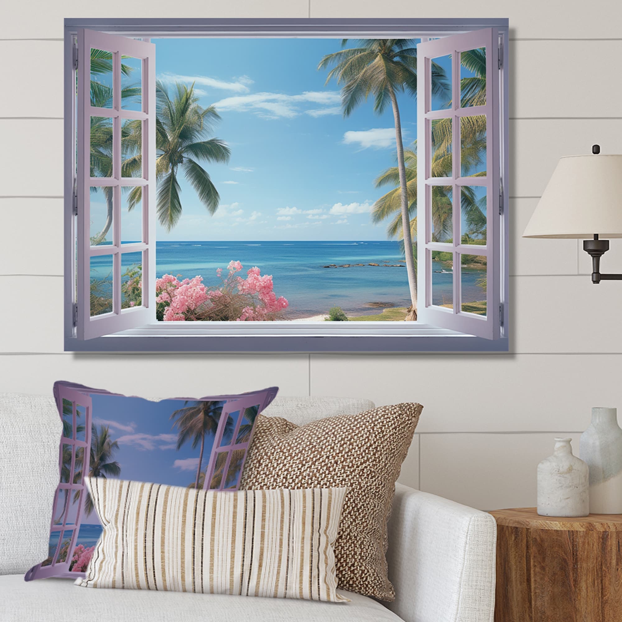 Designart "Tropical Oceanview Through Open White Window" Coastal Wall Decor