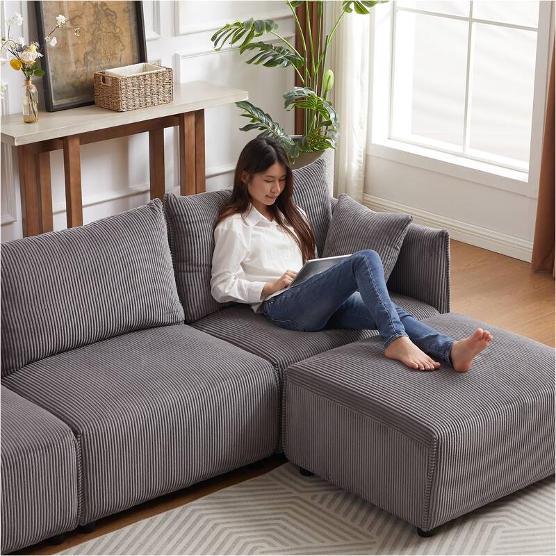 106.3" Corduroy Modular Sectional Sofa with USB-C Charging, 2 Comfort Cushions and Spring Support