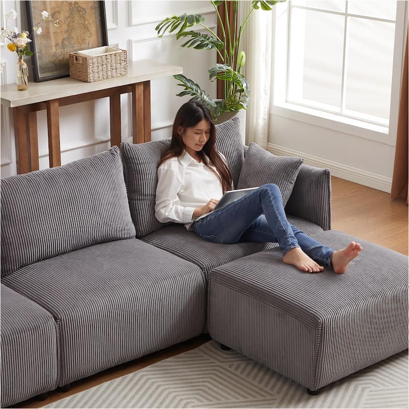 Grey 106'' Modular Corduroy 3 Seater Sectional Sofa with 2 Cushions, USB & C Charging Ports, Convertible Combo Couch