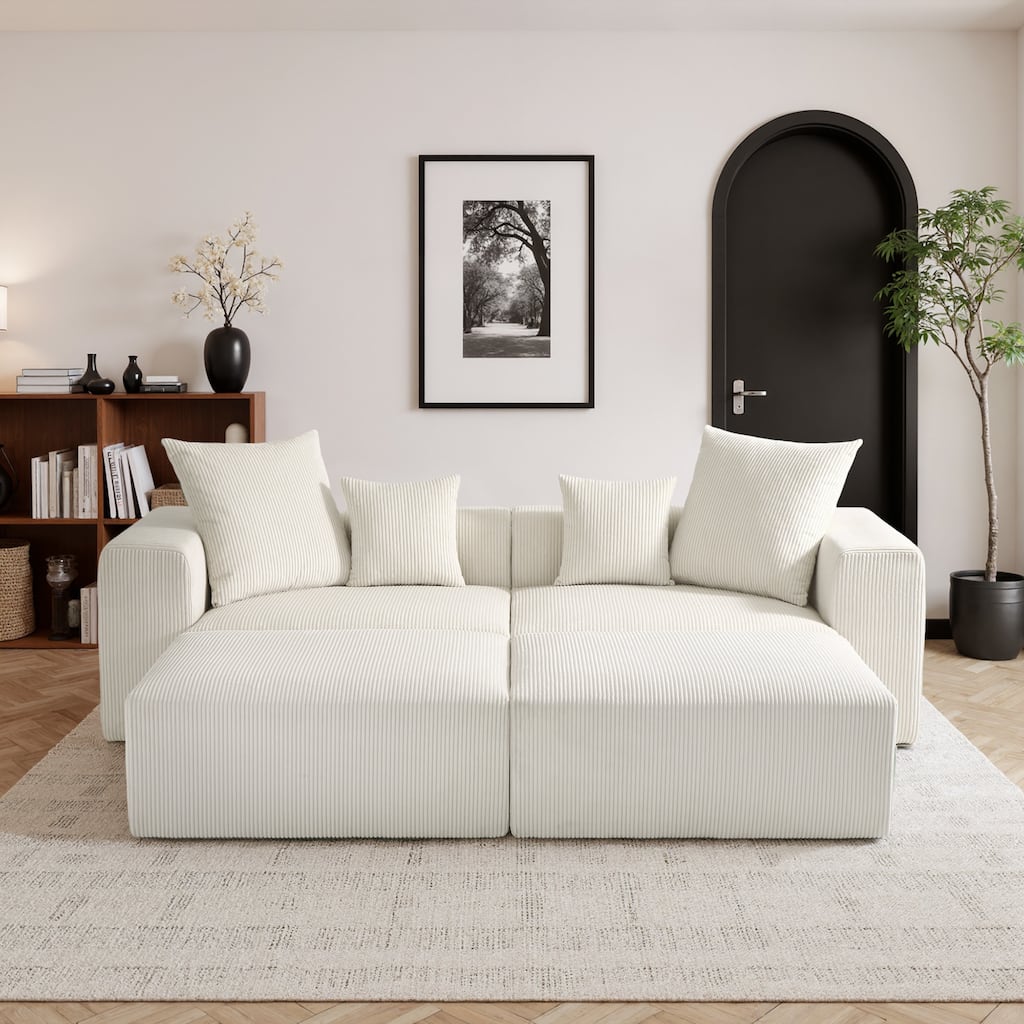81"W No Assembly Corduroy Modular Sectional Sofa with Ottoman
