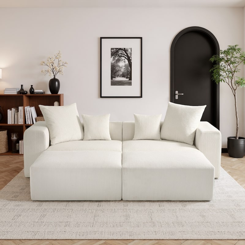 81"W No Assembly Corduroy Modular Sectional Sofa with Ottoman - Beige