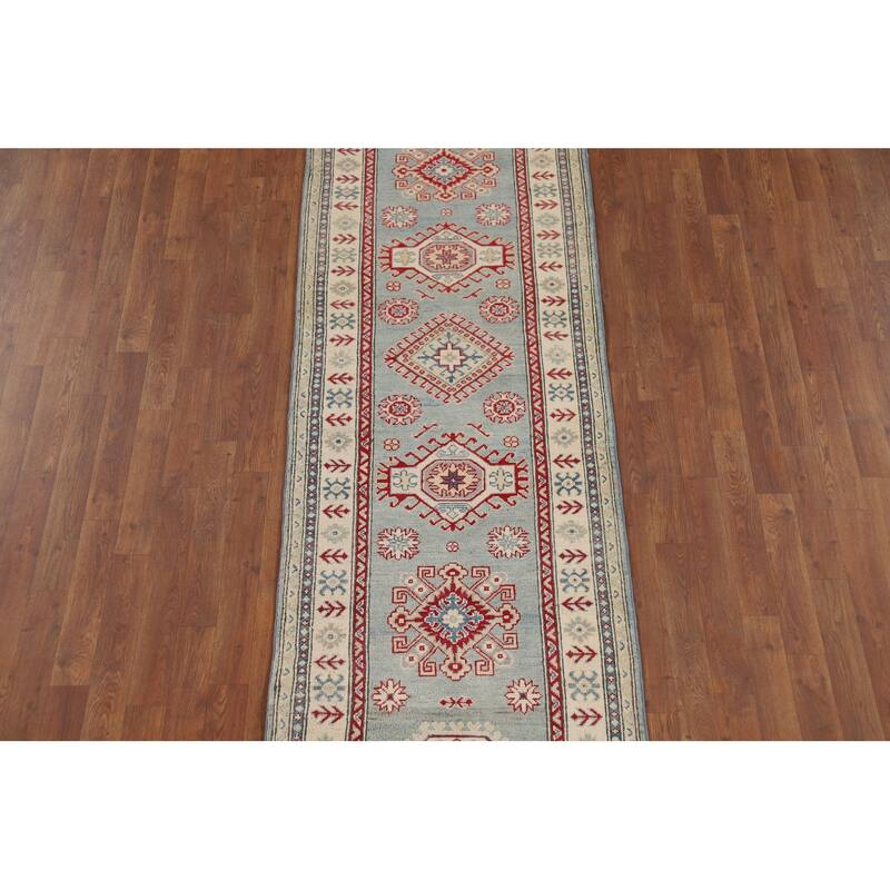 Light Blue Kazak Runner Rug Hand-Knotted Geometric Wool Carpet - 2'7" x 13'1"