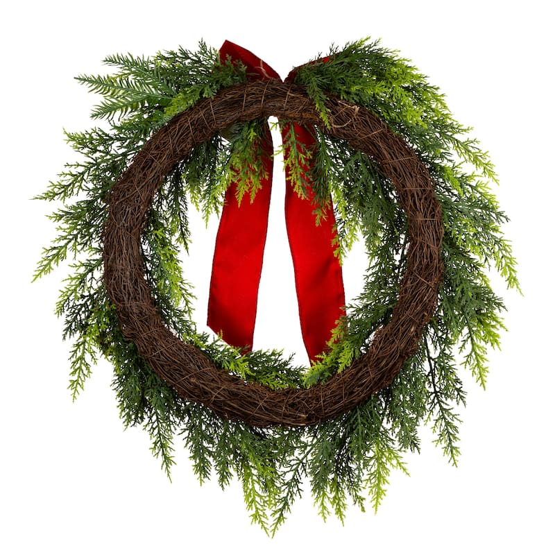 National Tree Company 2 ft. Artificial Feel Real Christmas Classic Wreath with Red Berries, Cypress Tips, and a Red Bow - 2 ft