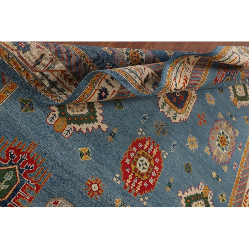 Blue Geometric Kazak Oriental Area Rug Handmade Wool Carpet - 6'8" x 9'7"