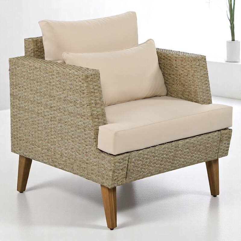 6-Piece PE Wicker Patio Furniture Set with Loveseat, Single Chairs, Ottomans, Cushions & Pillows, Coffee Table with Glass Top