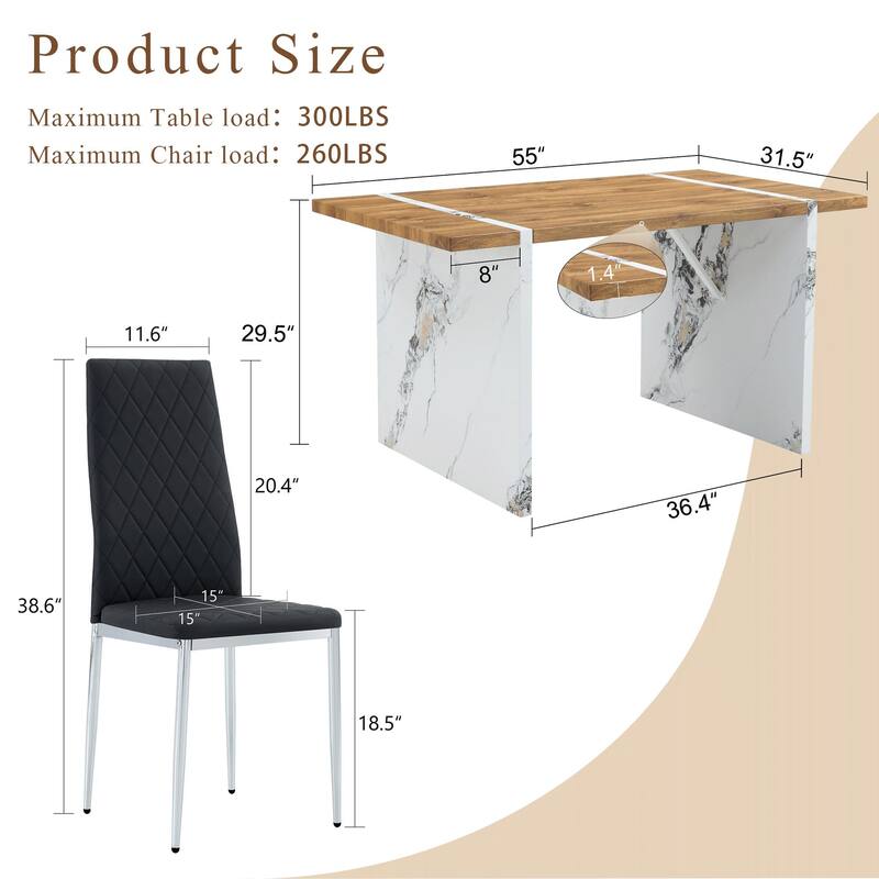 Black Texture Dining Table Set with Stainless Steel O-Shaped Legs, Chair with C-shaped Bases, Scratch-Resistsnt