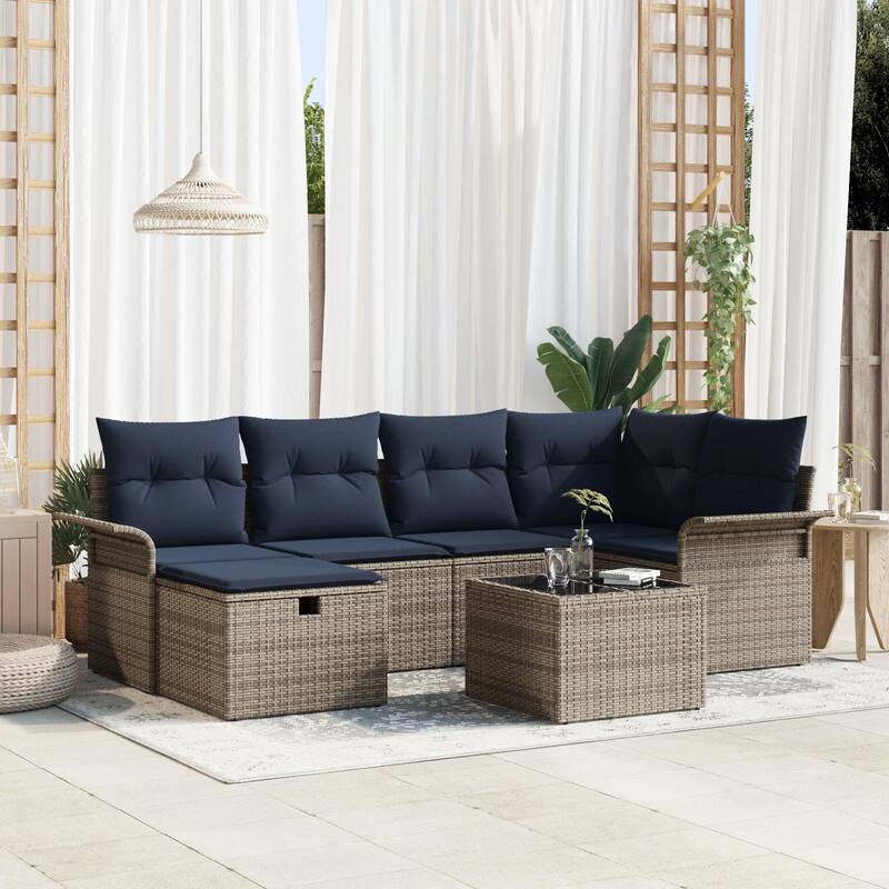 vidaXL 6/7 Piece Garden Sofa Set with Cushions - 95.5×52.2×27.2 - Grey and Navy Blue-with table