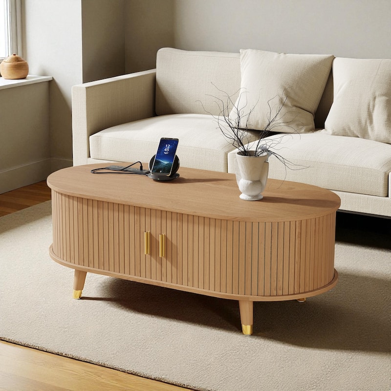42.5'' Oval Fluted Coffee Table with Charging Station, Mid-Century Tambour Door Center Table with Solid Wood Legs - Natural