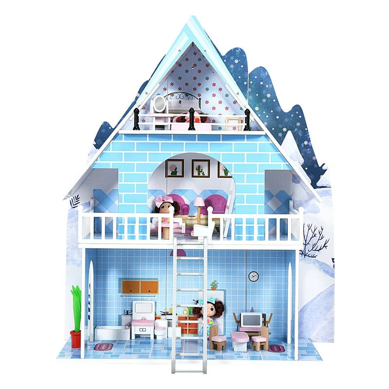 SUGIFT Wooden Dollhouse 3-Story Pretend Playset with Furniture and Doll Gift for Age 3+ Year - Blue