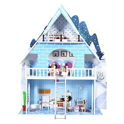 SUGIFT Wooden Dollhouse 3-Story Pretend Playset with Furniture and Doll Gift for Age 3+ Year
