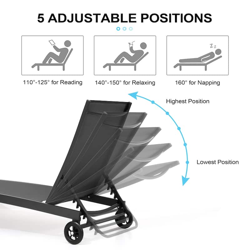 Outdoor Adjustable Chaise Lounge Chairs with Wheels Aluminum Sun Lounger