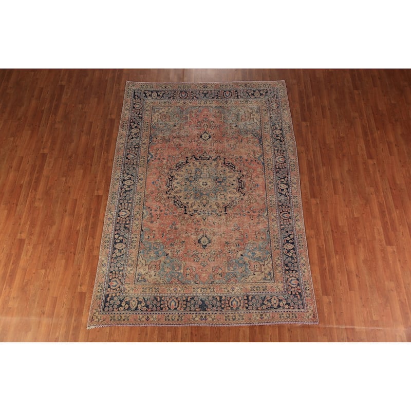 Medallion Pink Mashad Persian Vintage Area Rug Handmade Wool Carpet - 6'5" x 9'4"