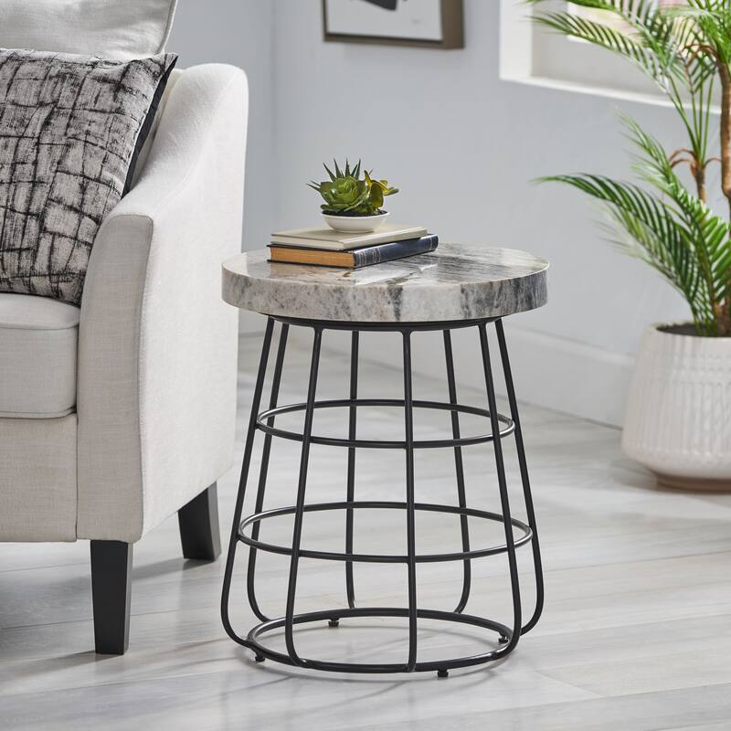 18" Modern Round Side Table with Sturdy Iron Frame and Marble Top for Living Room or Bedroom