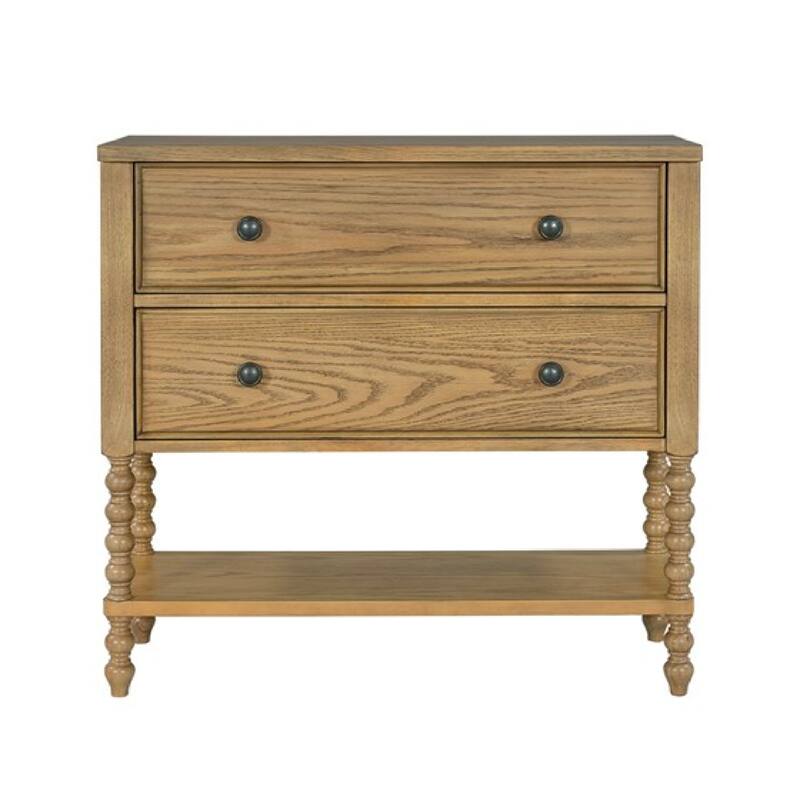 Roomfitters Traditional Wood Accent Chest, 2-Drawer Entryway Console Table with Storage and Open Shelf, Natural
