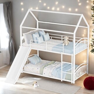 Luxury Twin over Twin Metal Kids House Bunk Bed with Built-in Slides and Climbing Ladders, Convertible, White